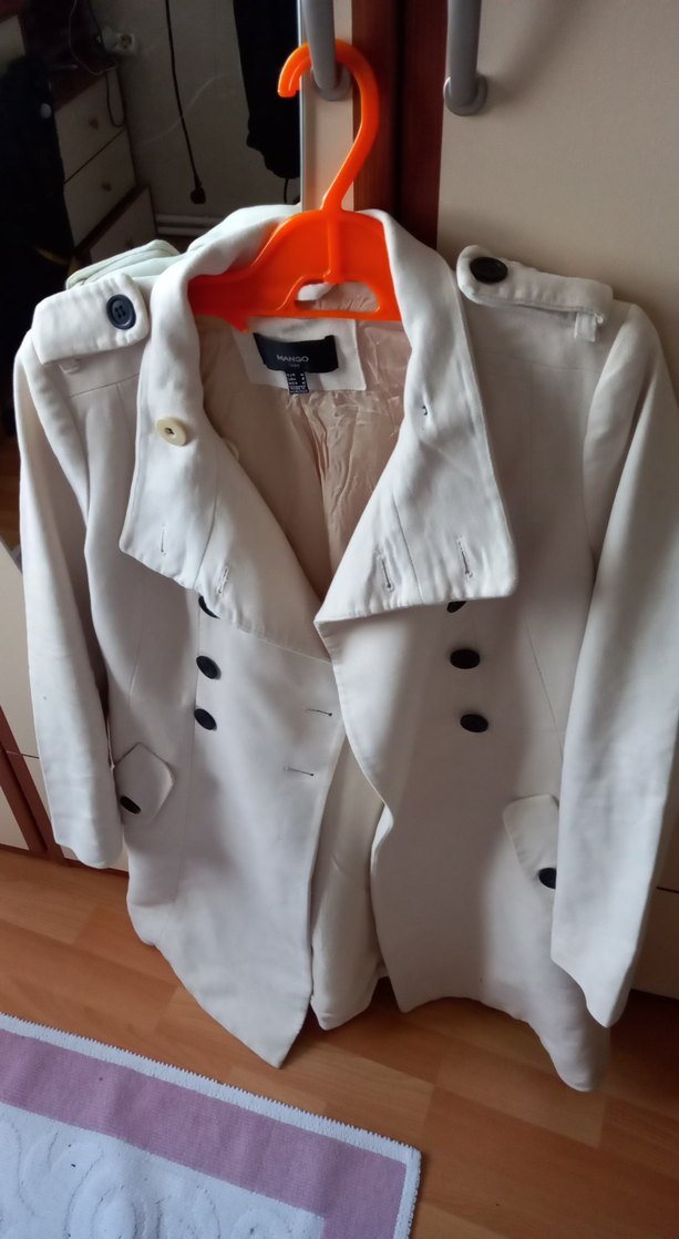 Düğmeli Beyaz Midi Kadın Pamuk Kaban - Görsel 2