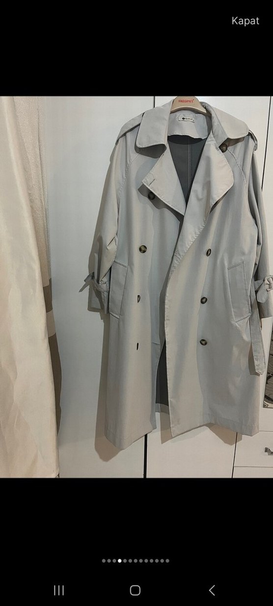 Gri Uzun Keten Kadın Trençkot - Görsel 2