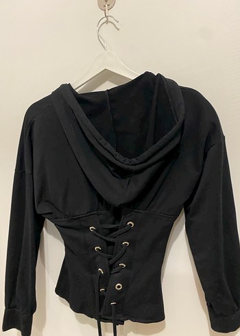 Kadın Siyah V Yaka Fermuarlı Sweatshirt - Görsel 2