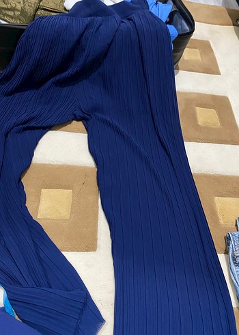 Lacivert Piliseli Kadın Kumaş Pantolon - Görsel 4