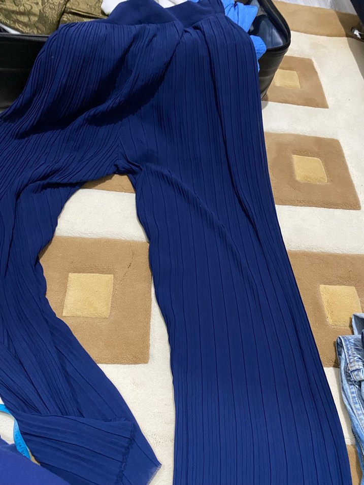 Lacivert Piliseli Kadın Kumaş Pantolon - Görsel 4