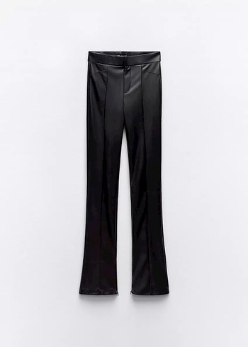 Zara Deri Siyah Kadın Pileli İspanyol Paça Pantolon - Görsel 2