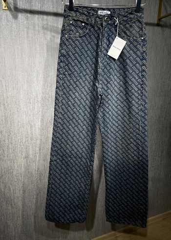 Kadın Mavi Bel Detaylı Bol Kesim Denim Pantolon