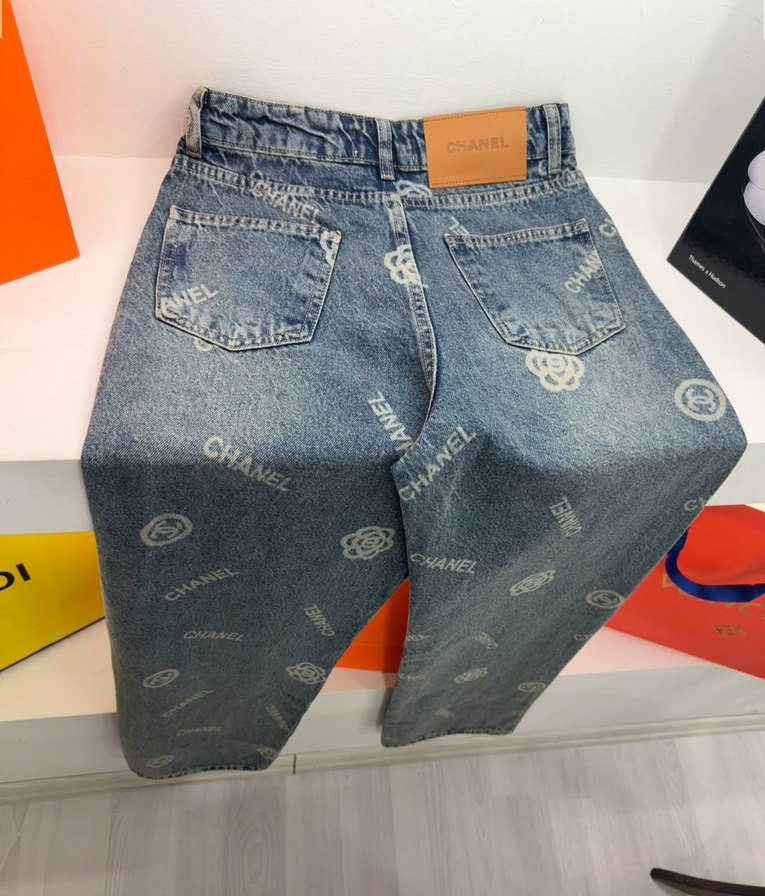 Düğmeli Baskılı Gri Mavi Kadın Kot Pantolon Chanel - Görsel 2