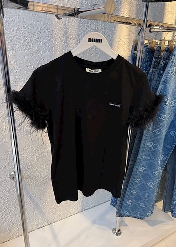 Kısa Kollu Beyaz Tüy Detaylı Tişört MİU MİU - Görsel 2