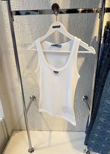 Mavi V Yakalı Mini Pamuklu Kadın Atlet Prada - Görsel 4