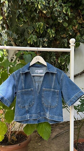 Zara polo yaka cepli denim bluz