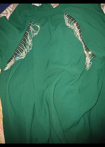 Yeşil Nakışlı Uzun Salaş Elbise - Görsel 3