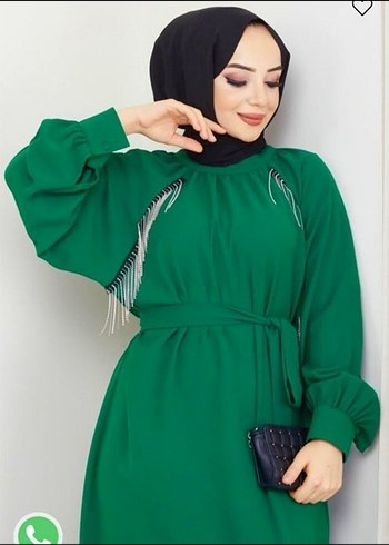 Yeşil Nakışlı Uzun Salaş Elbise - Görsel 4