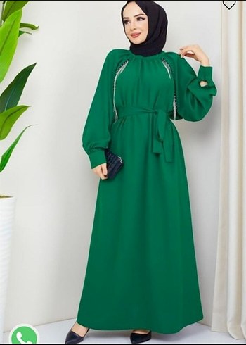 Yeşil Nakışlı Uzun Salaş Elbise - Görsel 5