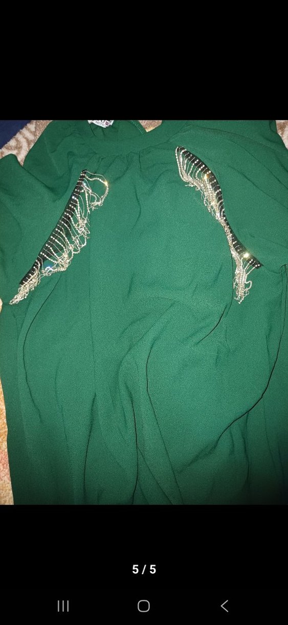 Yeşil Nakışlı Uzun Salaş Elbise - Görsel 3