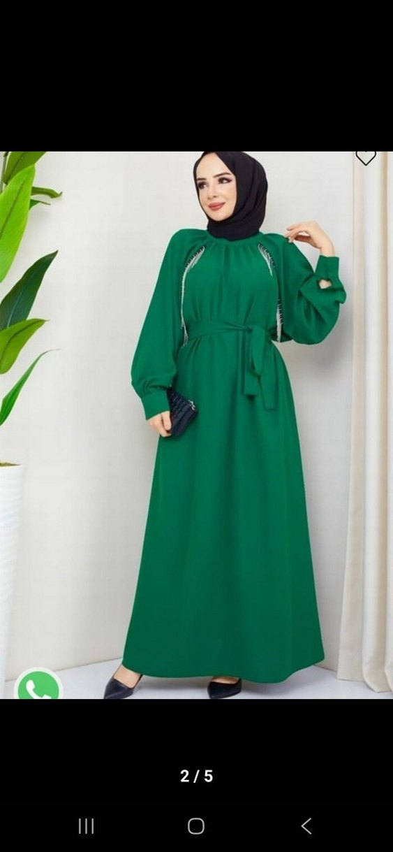 Yeşil Nakışlı Uzun Salaş Elbise - Görsel 5