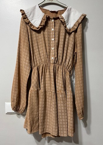 Kadın Bej V Yaka Uzun Kollu Bohem Elbise - Görsel 2