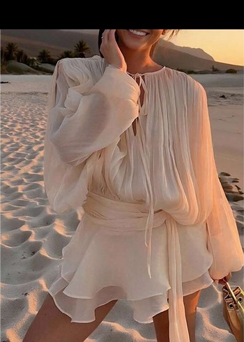 Bej, Uzun Kollu, Mini Bohem Elbise - Görsel 5