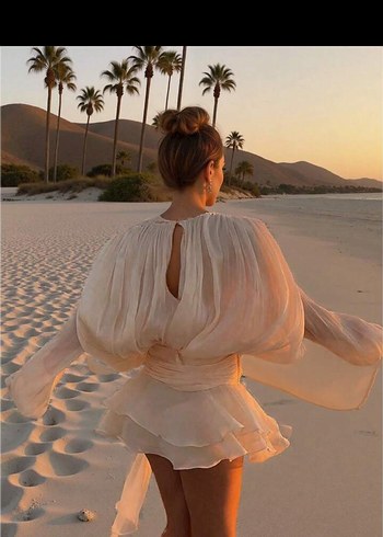 Bej, Uzun Kollu, Mini Bohem Elbise - Görsel 4