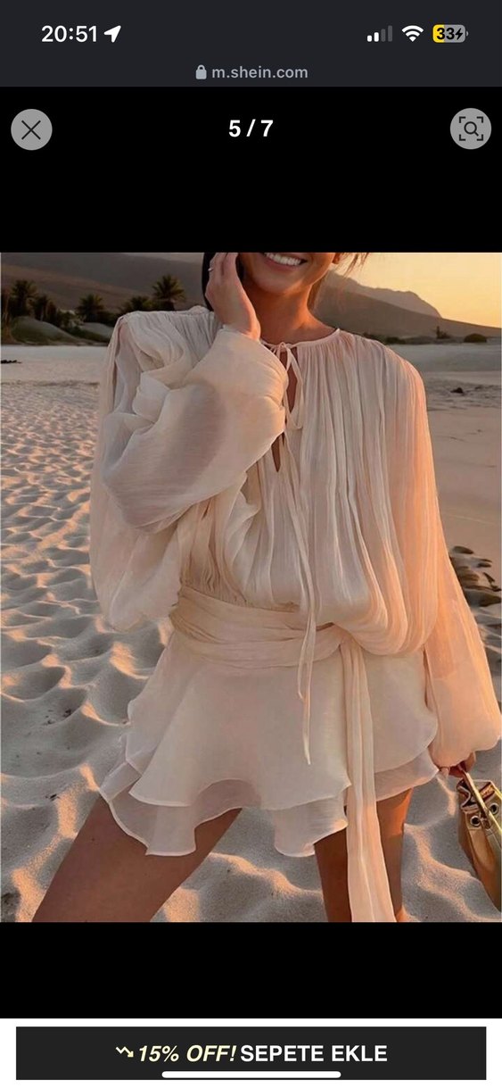 Bej, Uzun Kollu, Mini Bohem Elbise - Görsel 5