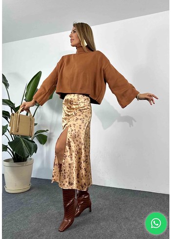 Bağlama Desenli Camel Süet Uzun Etek - Görsel 3