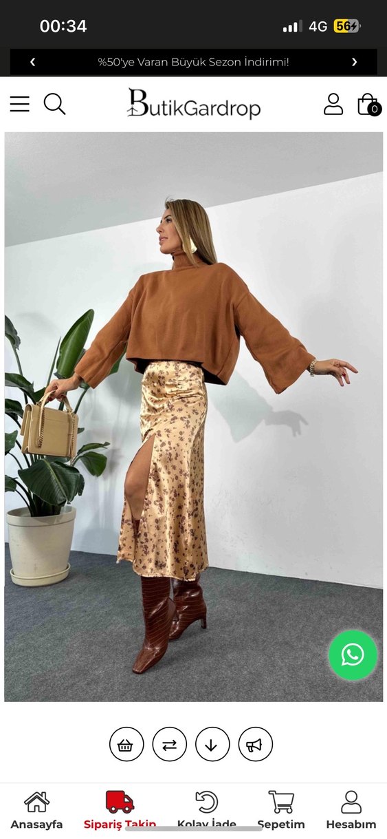 Bağlama Desenli Camel Süet Uzun Etek - Görsel 3