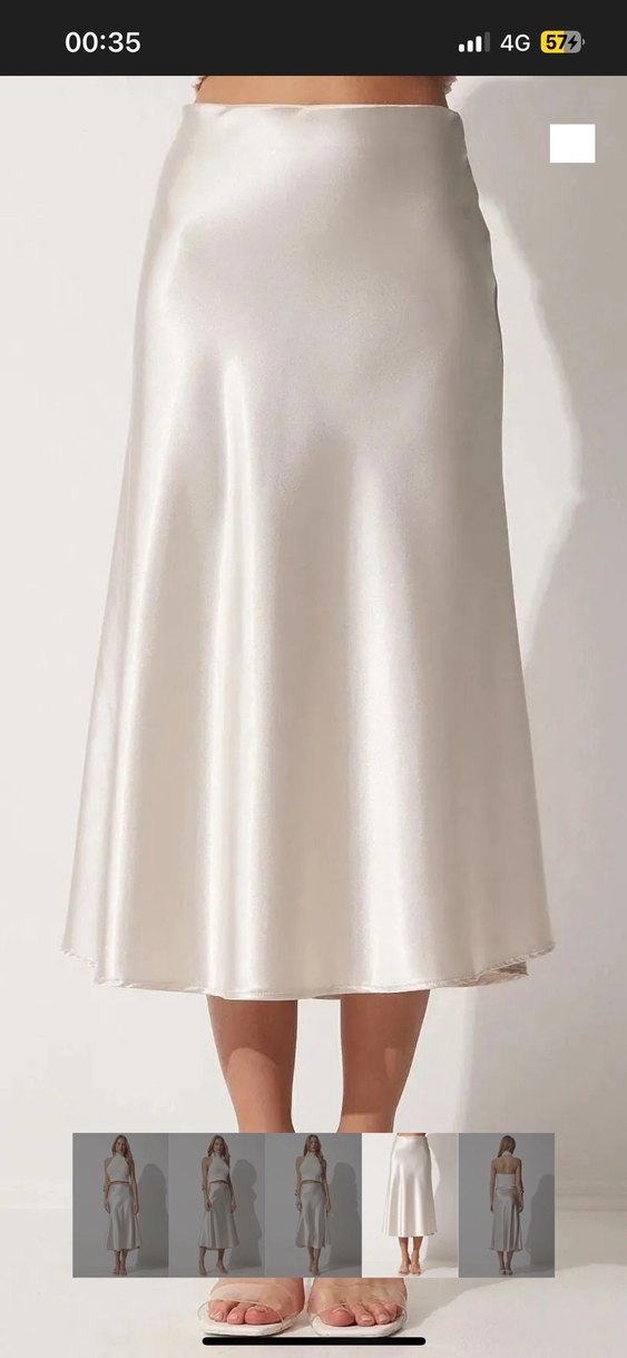 Krem Saten Midi Etek - Görsel 2