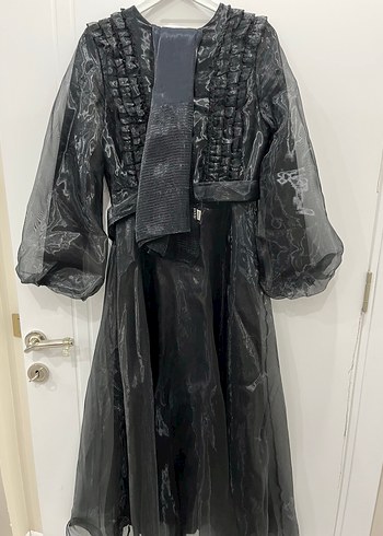 Diğer Uzun Siyah Gotik Elbise, Pilili ve Tül Kollu