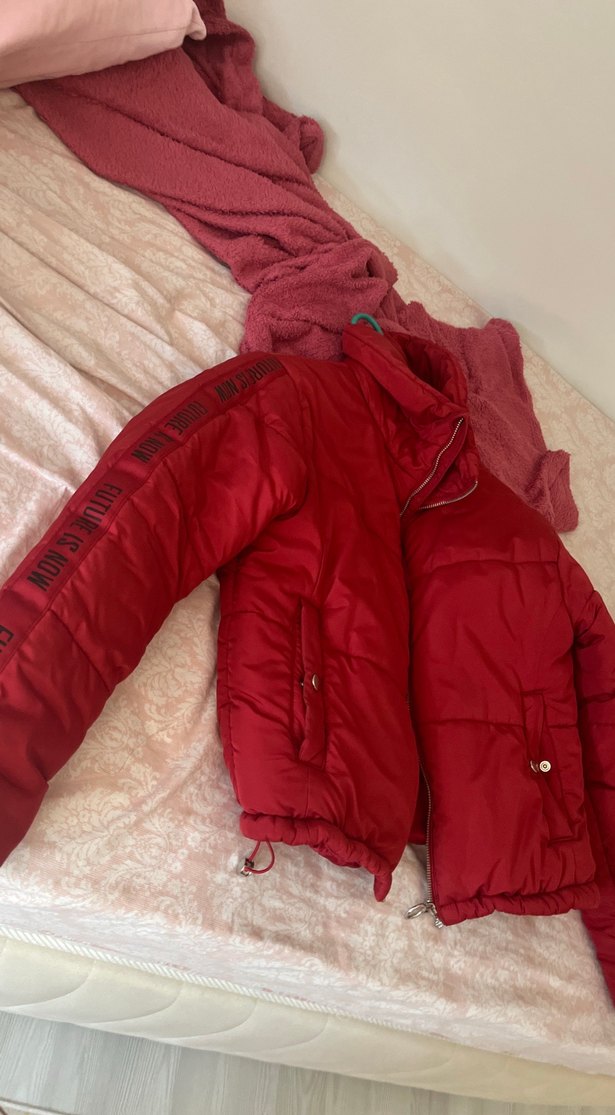 Kırmızı Kadın Sıcak Mont, Kürklü, Dar Kesim - Görsel 2