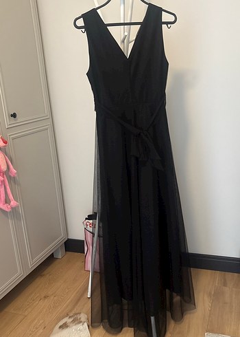 Uzun Siyah V Yakalı Drapeli Kadın Elbise - Görsel 3
