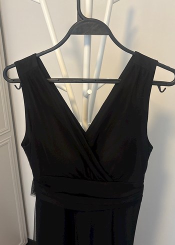 Uzun Siyah V Yakalı Drapeli Kadın Elbise - Görsel 4