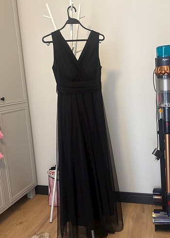 Uzun Siyah V Yakalı Drapeli Kadın Elbise - Görsel 2