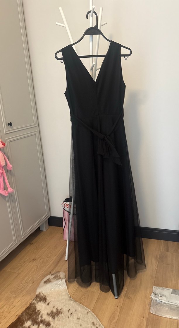 Uzun Siyah V Yakalı Drapeli Kadın Elbise - Görsel 3