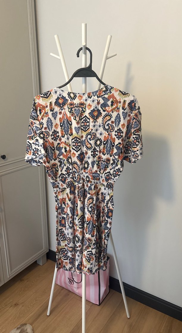 Bohem Çok Renkli Mini Elbise V Yaka - Görsel 3