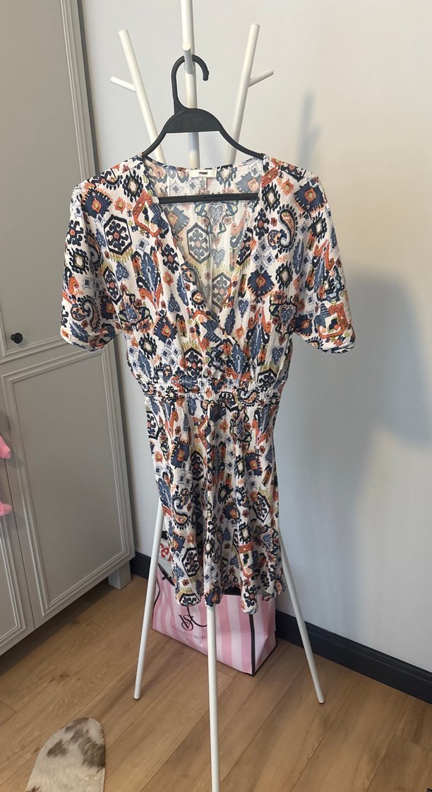 Bohem Çok Renkli Mini Elbise V Yaka - Görsel 2