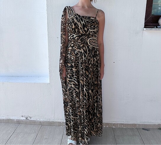Abiye leopar desen taşlı elbise