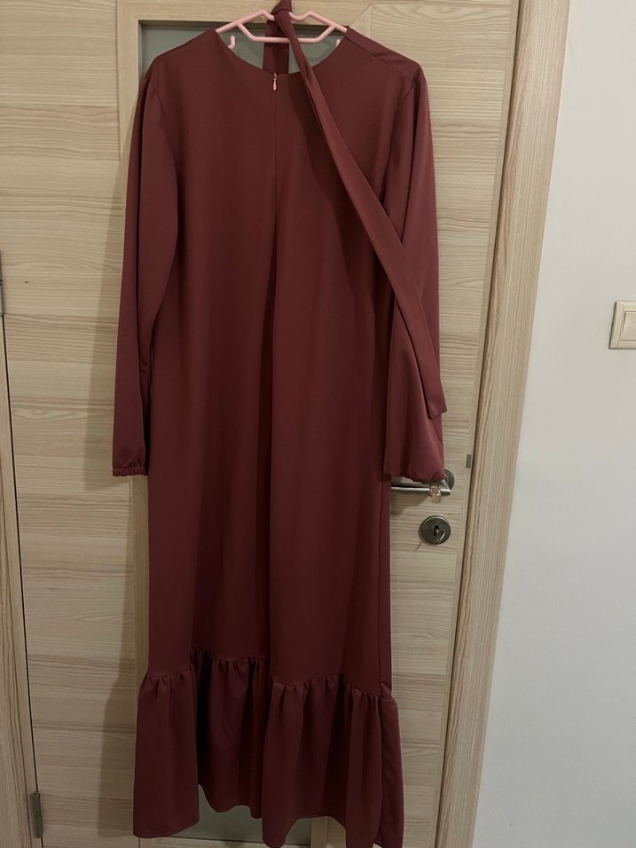 Bordo Uzun Kollu Fırfırlı Uzun Elbise - Görsel 3