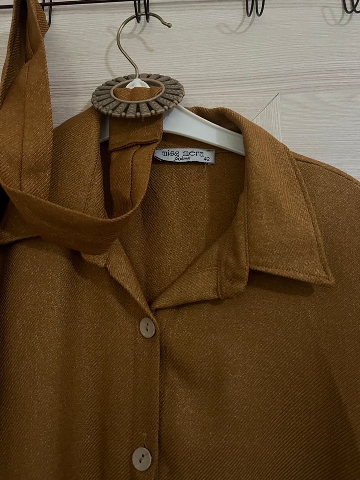 Düğmeli Keten Uzun açık kahverengi - Görsel 2