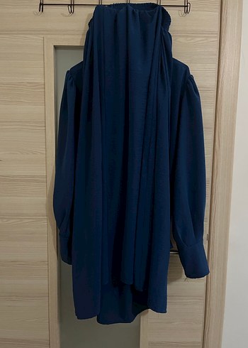 Etekli takım Mavi Keten Kadın Bluz, Fırfırlı, Uzun Kollu - Görsel 2