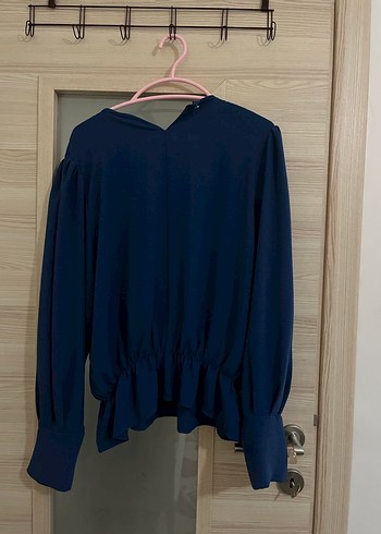 Etekli takım Mavi Keten Kadın Bluz, Fırfırlı, Uzun Kollu - Görsel 3