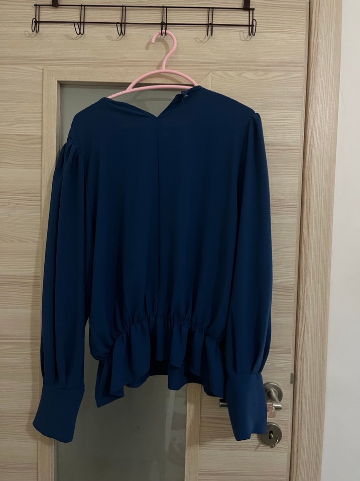 Etekli takım Mavi Keten Kadın Bluz, Fırfırlı, Uzun Kollu - Görsel 3