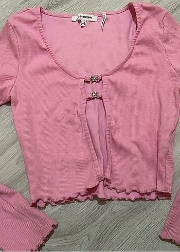 Pembe V Yaka Uzun Kollu Crop Top - Görsel 2