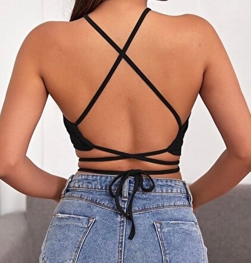 Siyah Bel Detaylı Mini Askılı Crop Top - Görsel 2