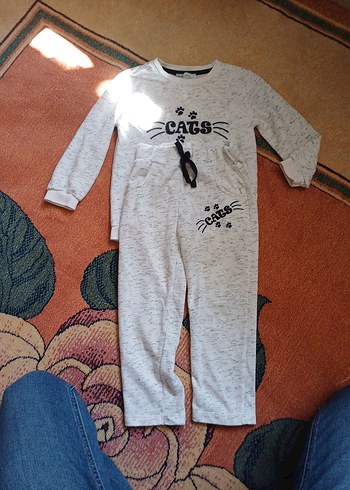 Gri Örgü Baskılı Kedi Desenli Streetwear Takım