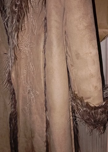 Kürklü camel Süet Uzun Kadın Kaban - Görsel 4