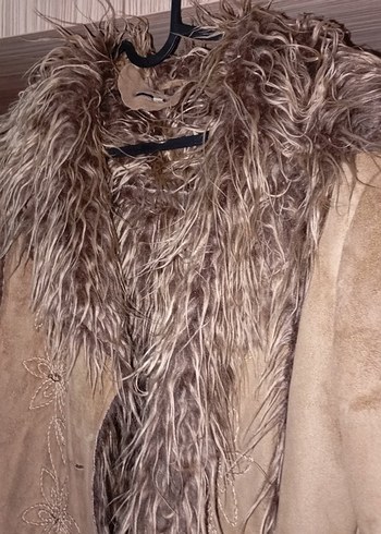 Kürklü camel Süet Uzun Kadın Kaban - Görsel 2