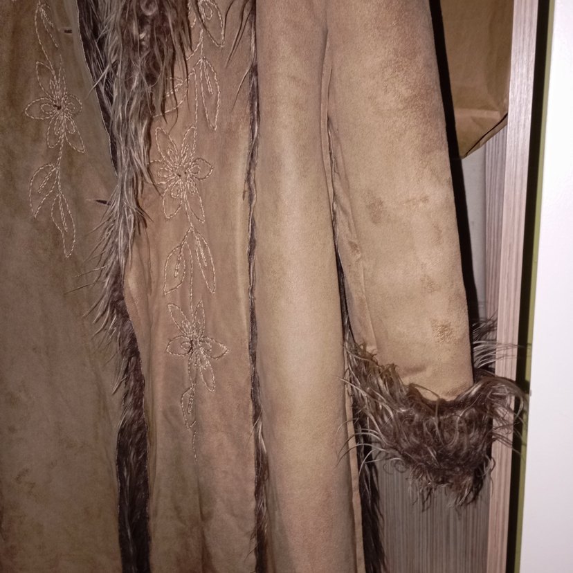 Kürklü camel Süet Uzun Kadın Kaban - Görsel 4