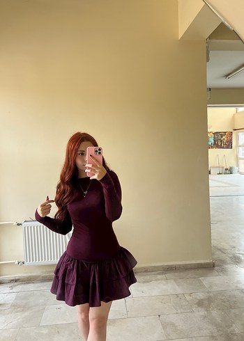 zara Bordo Renk Uzun Kollu Fırfırlı mini Elbise