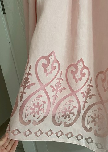Pembe Nakışlı Uzun Keten Etek - Görsel 2
