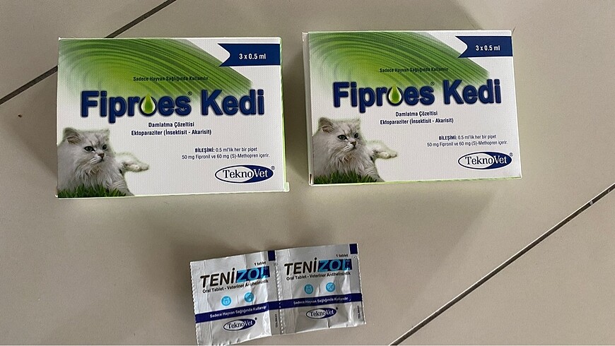 2 kutu (6 adet) fiproes, 2 adet tenizol kedi iç dış parazit aşıs
