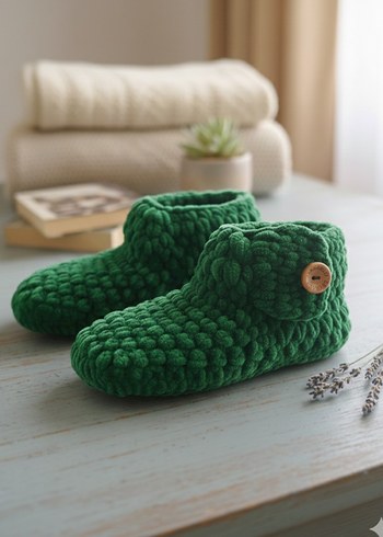 Çocuk ve yetişkin için Yeşil Örgü Sıcak Ev Terliği - Görsel 2