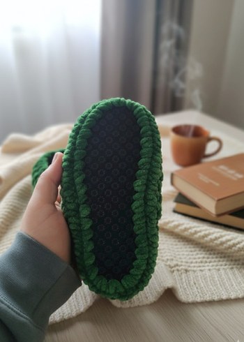 Çocuk ve yetişkin için Yeşil Örgü Sıcak Ev Terliği - Görsel 3