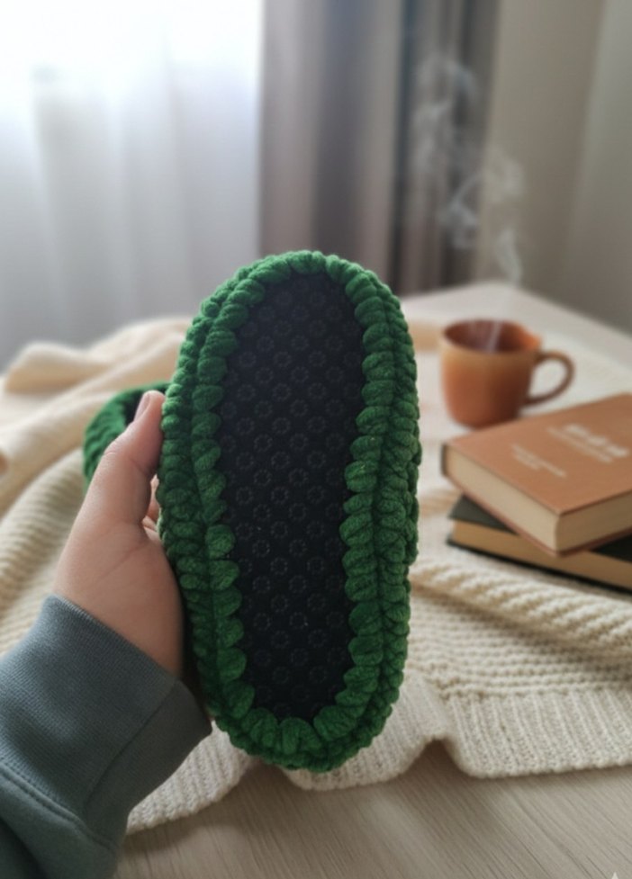 Çocuk ve yetişkin için Yeşil Örgü Sıcak Ev Terliği - Görsel 3