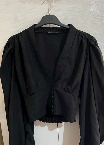 Siyah V Yakalı Düğmeli Kadın Bluz - Görsel 2